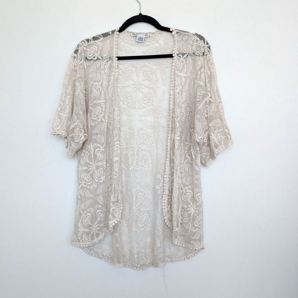 Y2K Cream Sheer Lace Crochet Embroidered Short Sleeve Kimono Cardigan Sz S